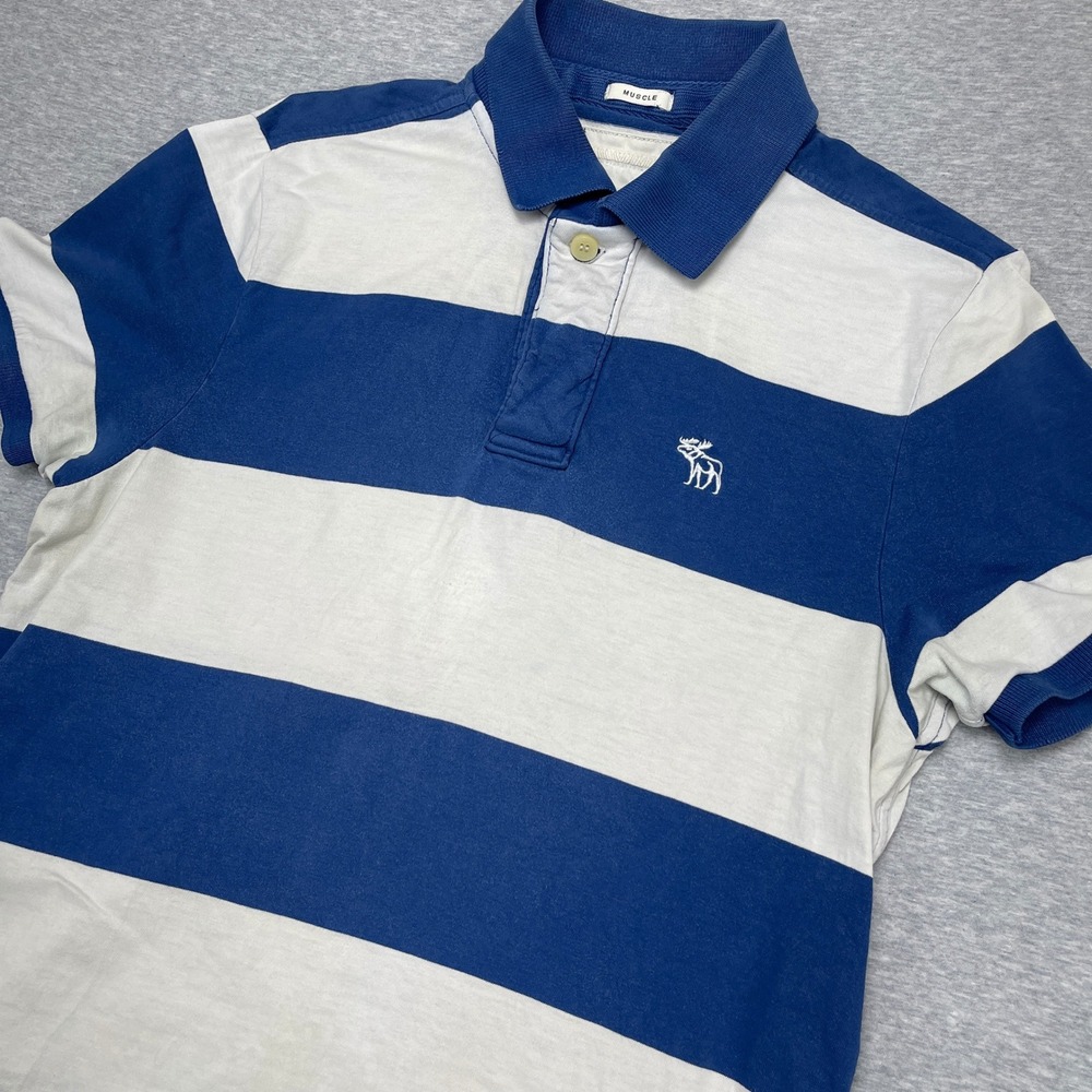 VTG Abercrombie & Fitch Muscle Polo Shirt Mens Medium Blue White Wide Stripe Y2K - Picture 4 of 8